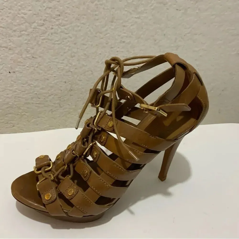 Tory Burch Gladiator Lace Up studded gold platform sandals Tan size 7.5 M